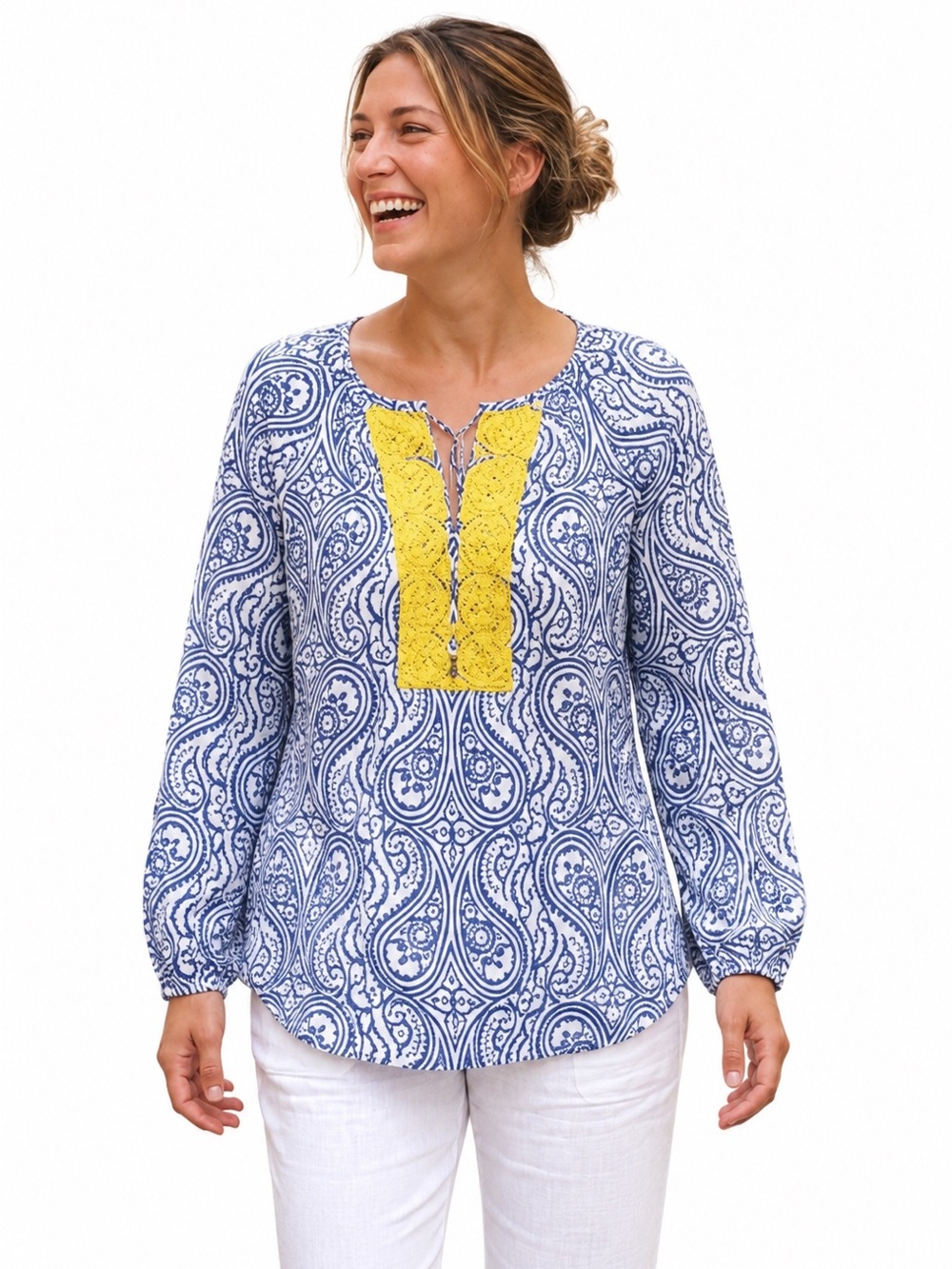 Talbots Tunic Top 2XL COTTON Beaded V-Neck Roll Up Sleeves Blue White Boho Flowy